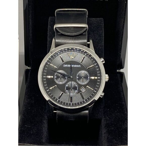 Emporio Armani AR-2460 Men's Black Leather Analog Dial Quartz Wristwatch BW149 - Picture 2 of 12